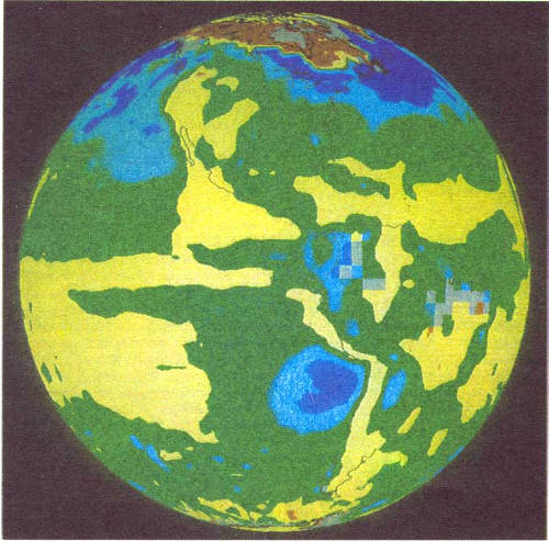 Влияние облачности на температуру Земли определялось по данным измерений в ходе «Эксперимента по изучению радиационного баланса Земли». Области, где облака способствовали сильному охлаждению поверхности Земли, окрашены синим; зеленый цвет соответствует несколько меньшему охлаждению; желтый означает, что влияние облаков не существенно, а коричневый — что благодаря облакам поверхность нагревается. Снимок предоставлен В. Раманатаном из Чикагского университета